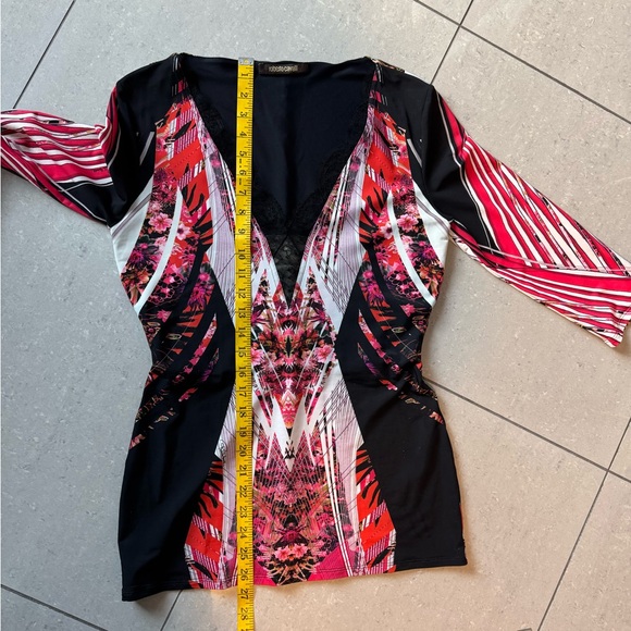 Roberto Cavalli Multicolor Pink & Black Lace-Trim V-Neck Top - Picture 5 of 8